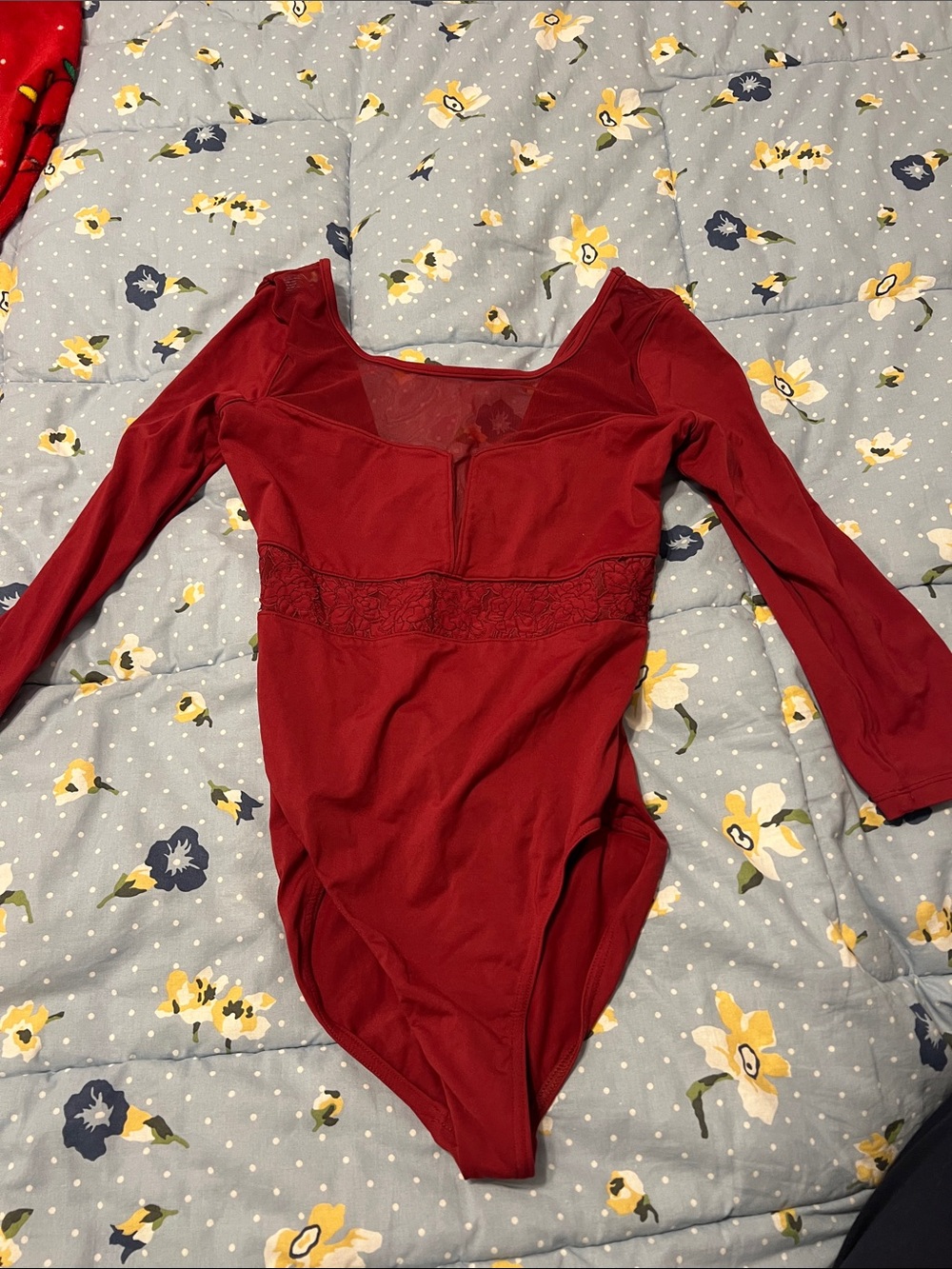 Wine Red Long Sleeve Lace Waist Leotard